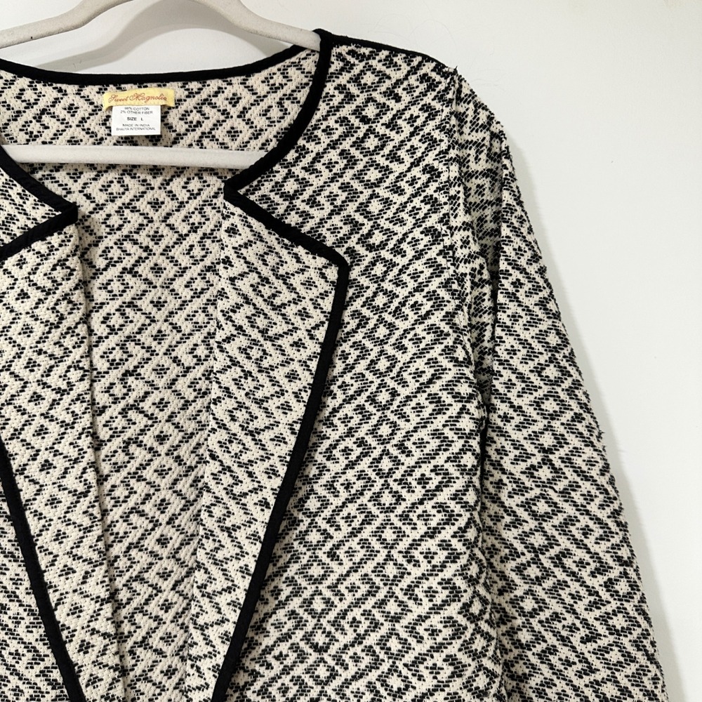 Sweet Magnolia Cardigan Jacket Womens Large Black White Geometric Tassel Tie L